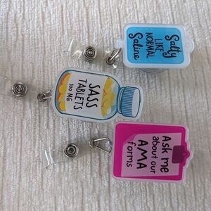 Badge Reels Set Of 3 Nurse Theme Funny Sayings Never Used 30" Pull Clip On Back